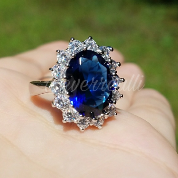 Silver 6 Carat Royal Blue Sapphire Halo Ring - Picture 5 of 5